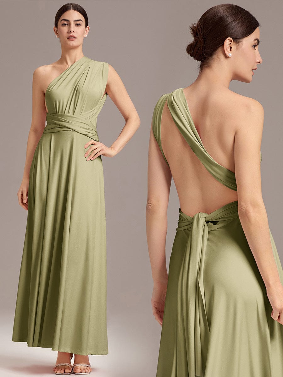 Robe d'invité de mariage trapèze en mousseline fluide à encolure ronde et longueur au genou #Couleur_Vert sauge