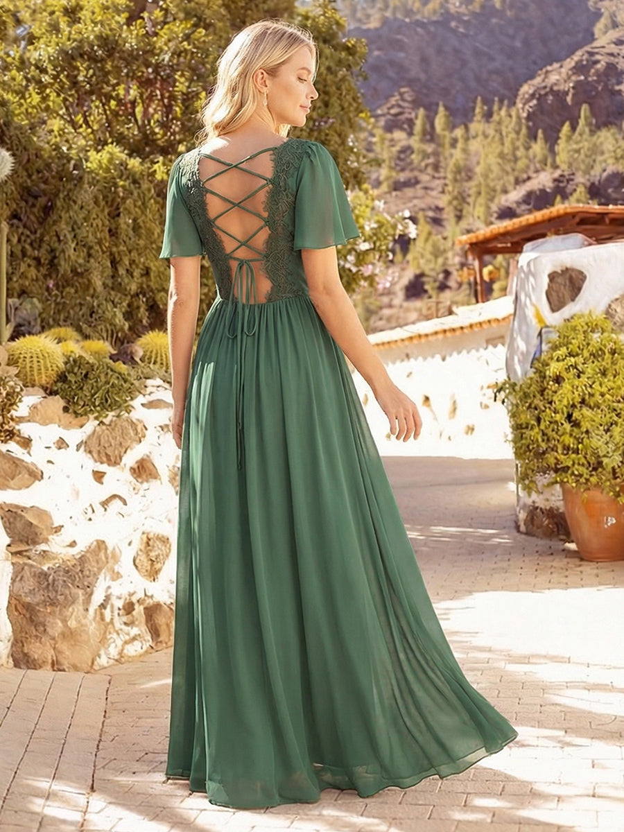Robe longue à manches courtes en V imprimée florale avec volants et poches Robe de demoiselle d'honneur #Couleur_Eucalyptus