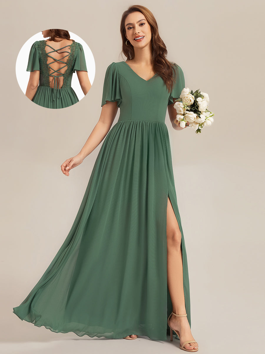 Robe longue à manches courtes en V imprimée florale avec volants et poches Robe de demoiselle d'honneur #Couleur_Eucalyptus