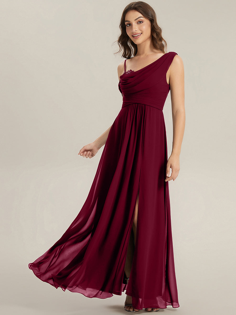 Robe longue asymétrique à sequins à manches courtes en forme de A #Couleur_Bordeaux