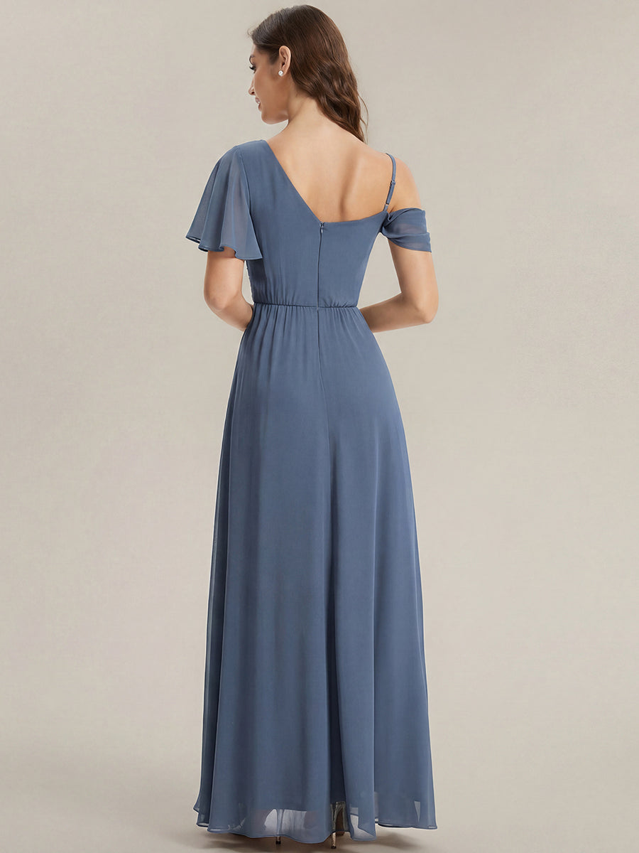 Robe longue asymétrique à sequins à manches courtes en forme de A #Couleur_Marine Fume
