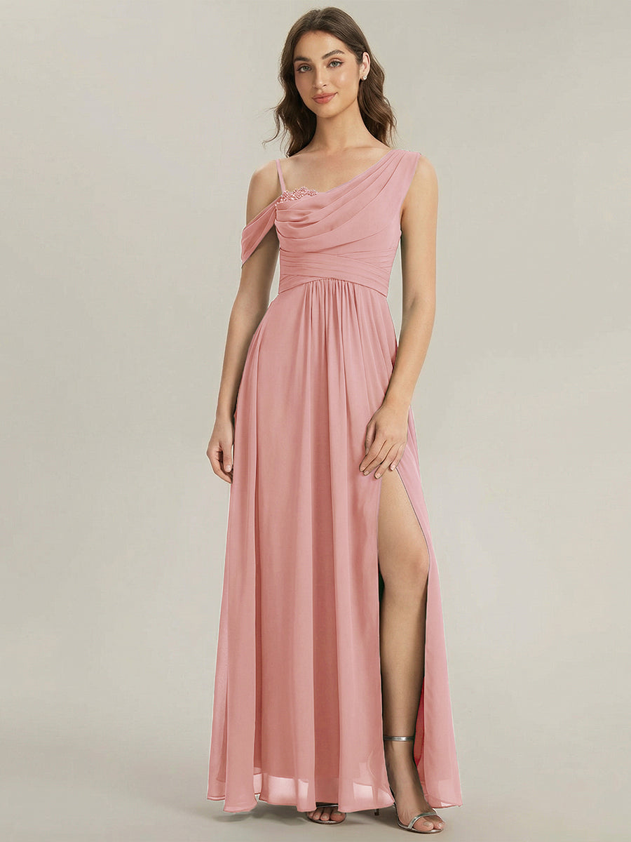 Robe longue asymétrique à sequins à manches courtes en forme de A #Couleur_Rose fumee