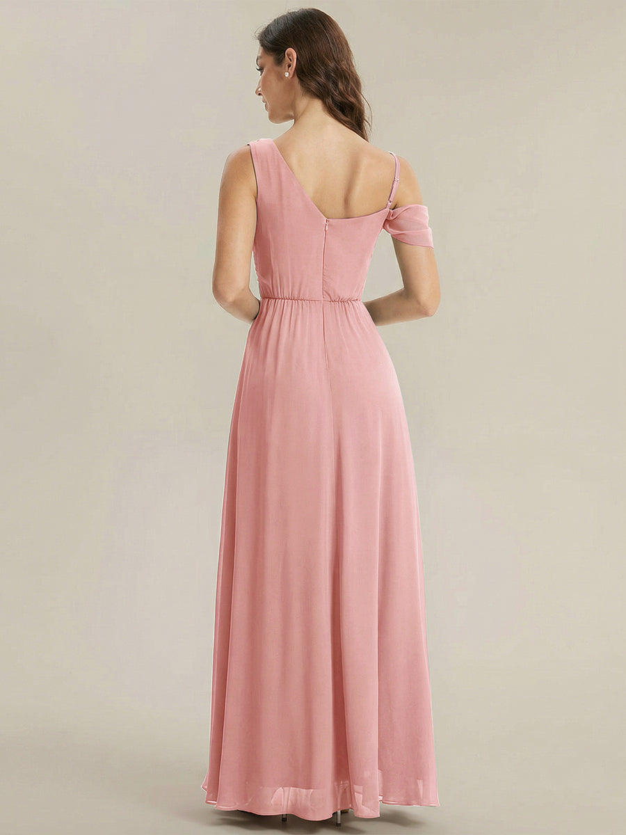 Robe longue asymétrique à sequins à manches courtes en forme de A #Couleur_Rose fumee