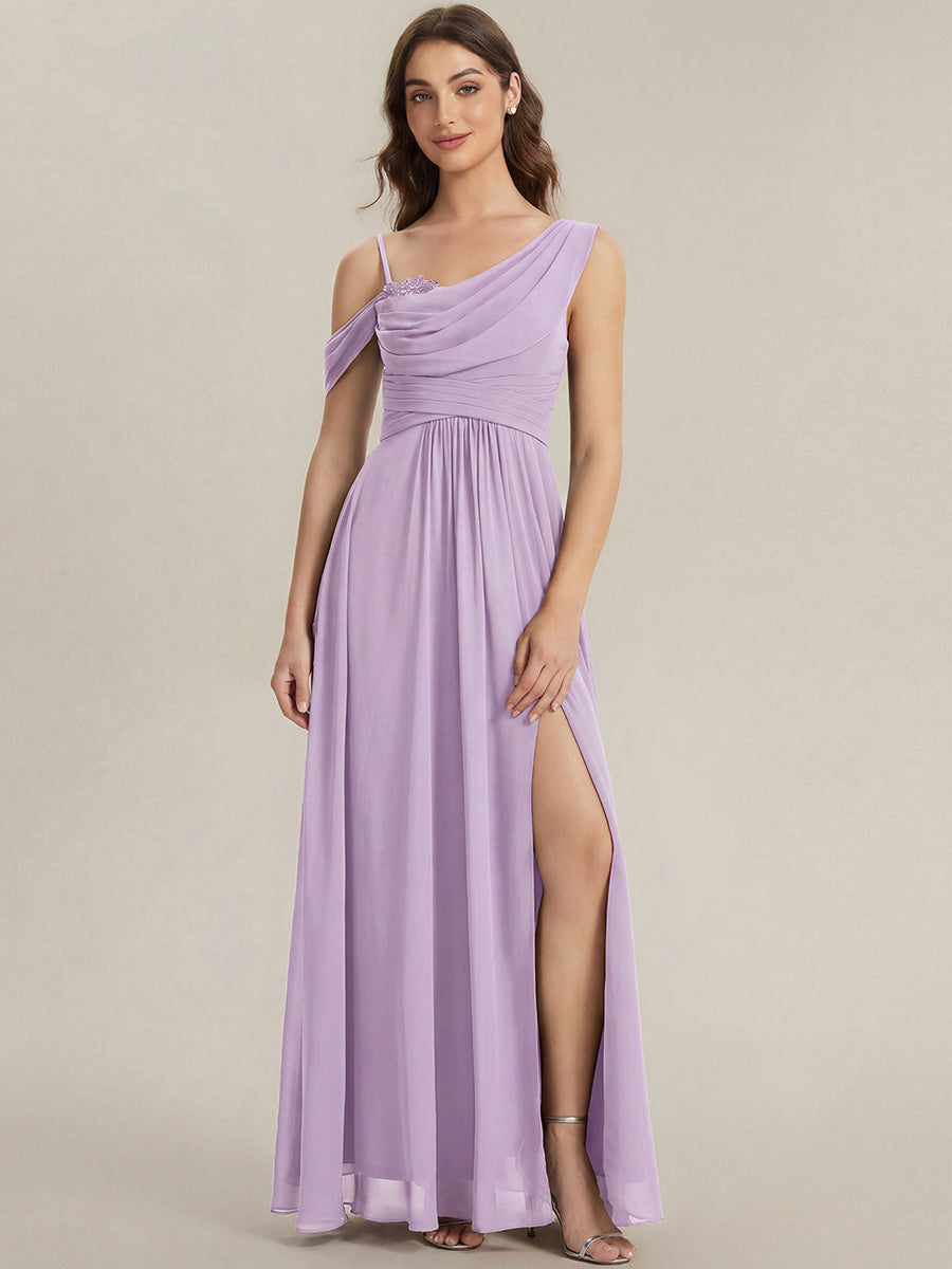 Robe longue asymétrique à sequins à manches courtes en forme de A #Couleur_Lilas Givré