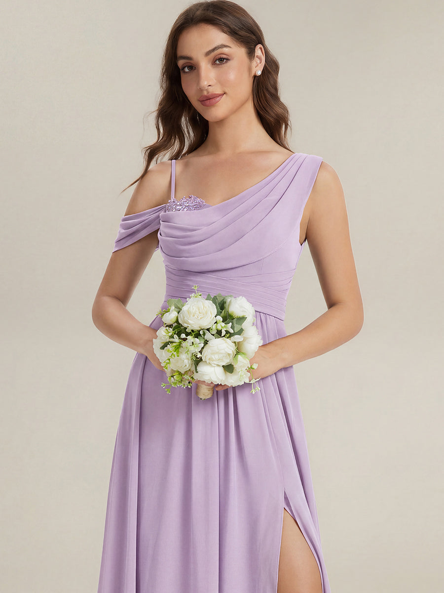Robe longue asymétrique à sequins à manches courtes en forme de A #Couleur_Lilas Givré