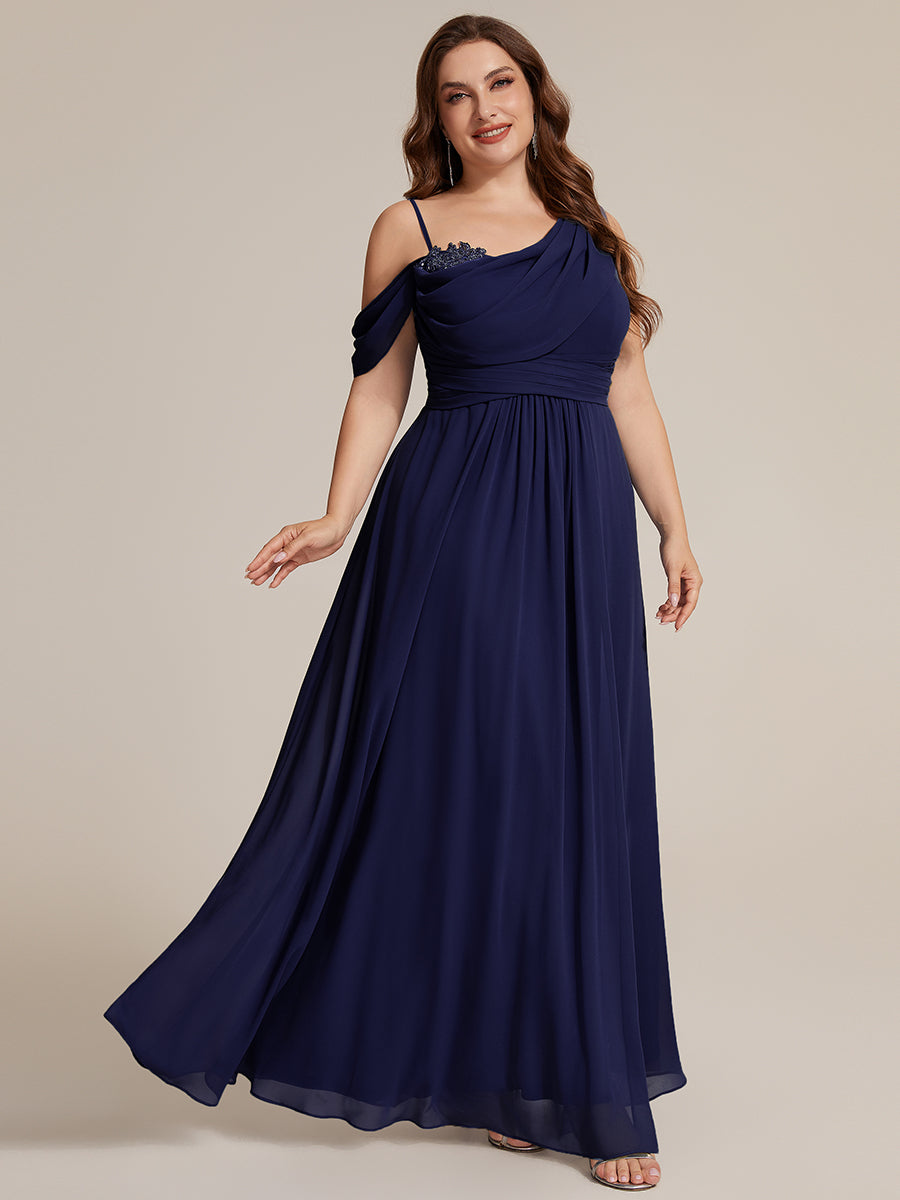 Robe longue asymétrique à sequins à manches courtes en forme de A #Couleur_Bleu Marine
