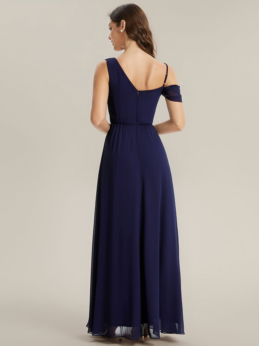 Robe longue asymétrique à sequins à manches courtes en forme de A #Couleur_Bleu Marine