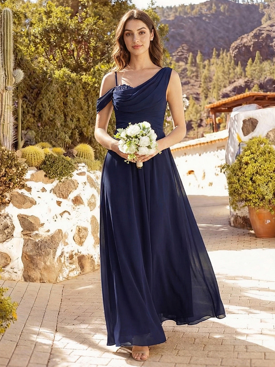 Robe longue asymétrique à sequins à manches courtes en forme de A #Couleur_Bleu Marine