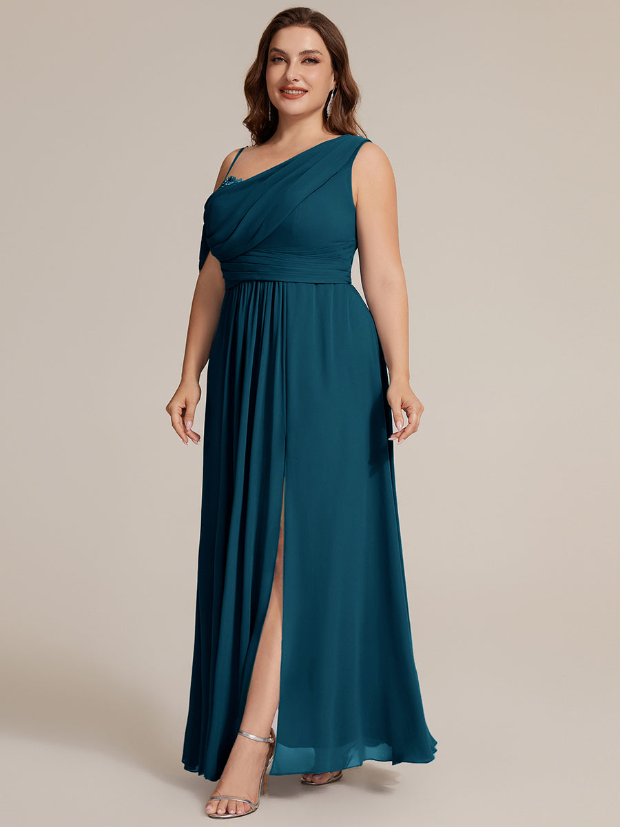 Robe longue asymétrique à sequins à manches courtes en forme de A #Couleur_Bleu Sarcelle
