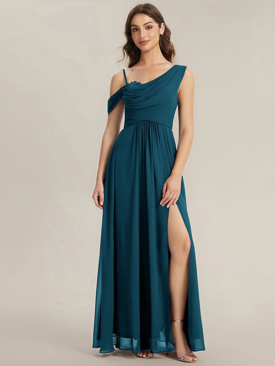 Robe longue asymétrique à sequins à manches courtes en forme de A #Couleur_Bleu Sarcelle