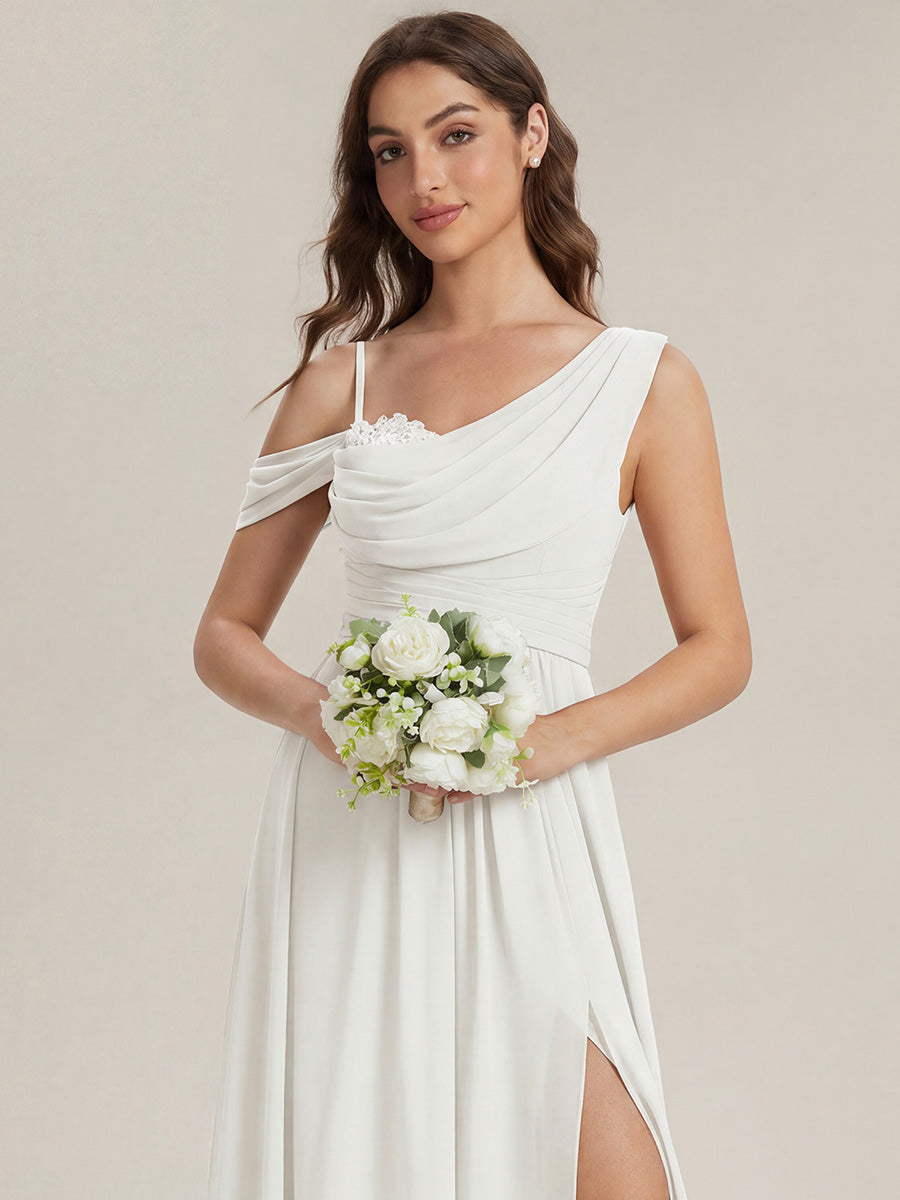 Robe longue asymétrique à sequins à manches courtes en forme de A #Couleur_Blanc
