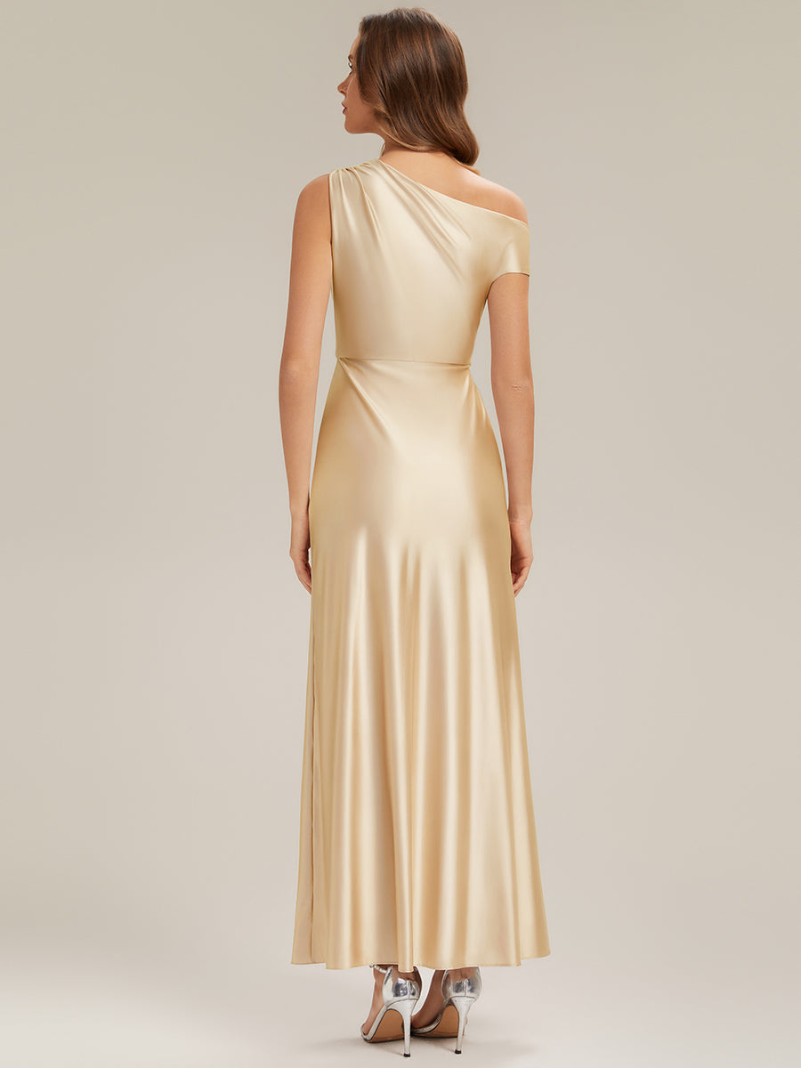 Robe moulante à une épaule à manches courtes avec fente haute sur la cuisse et tissu extensible #Couleur_Jaune