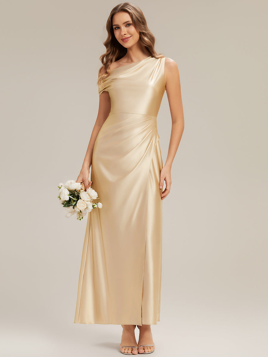 Robe moulante à une épaule à manches courtes avec fente haute sur la cuisse et tissu extensible #Couleur_Jaune