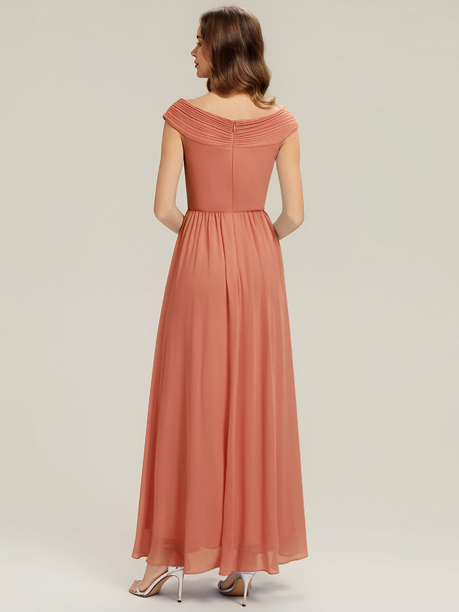 Robe longue sans manches décolletée en V avec une taille haute et des détails plissés #Couleur_Rose Corail