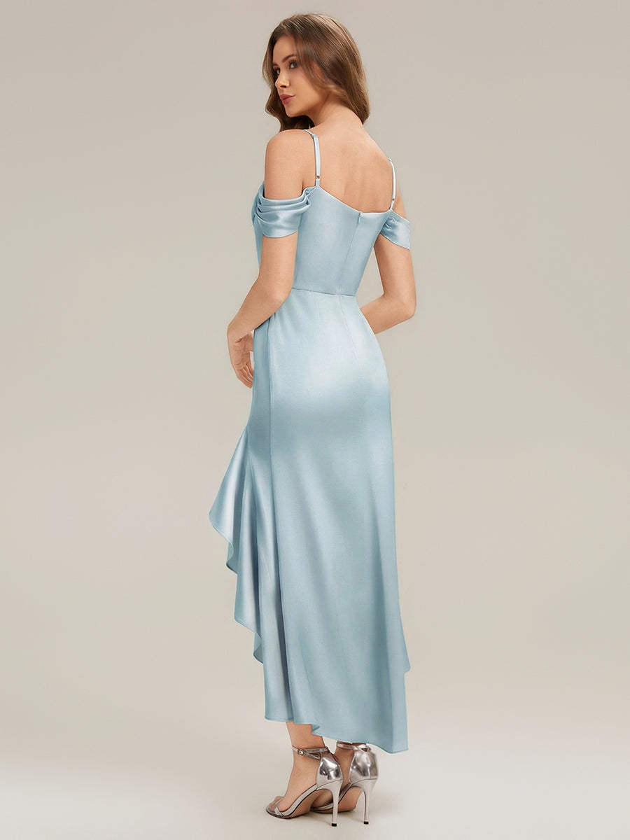 Robe haute basse à encolure drapée à manches courtes avec volants et bretelles ajustables #Couleur_Bleu Glace