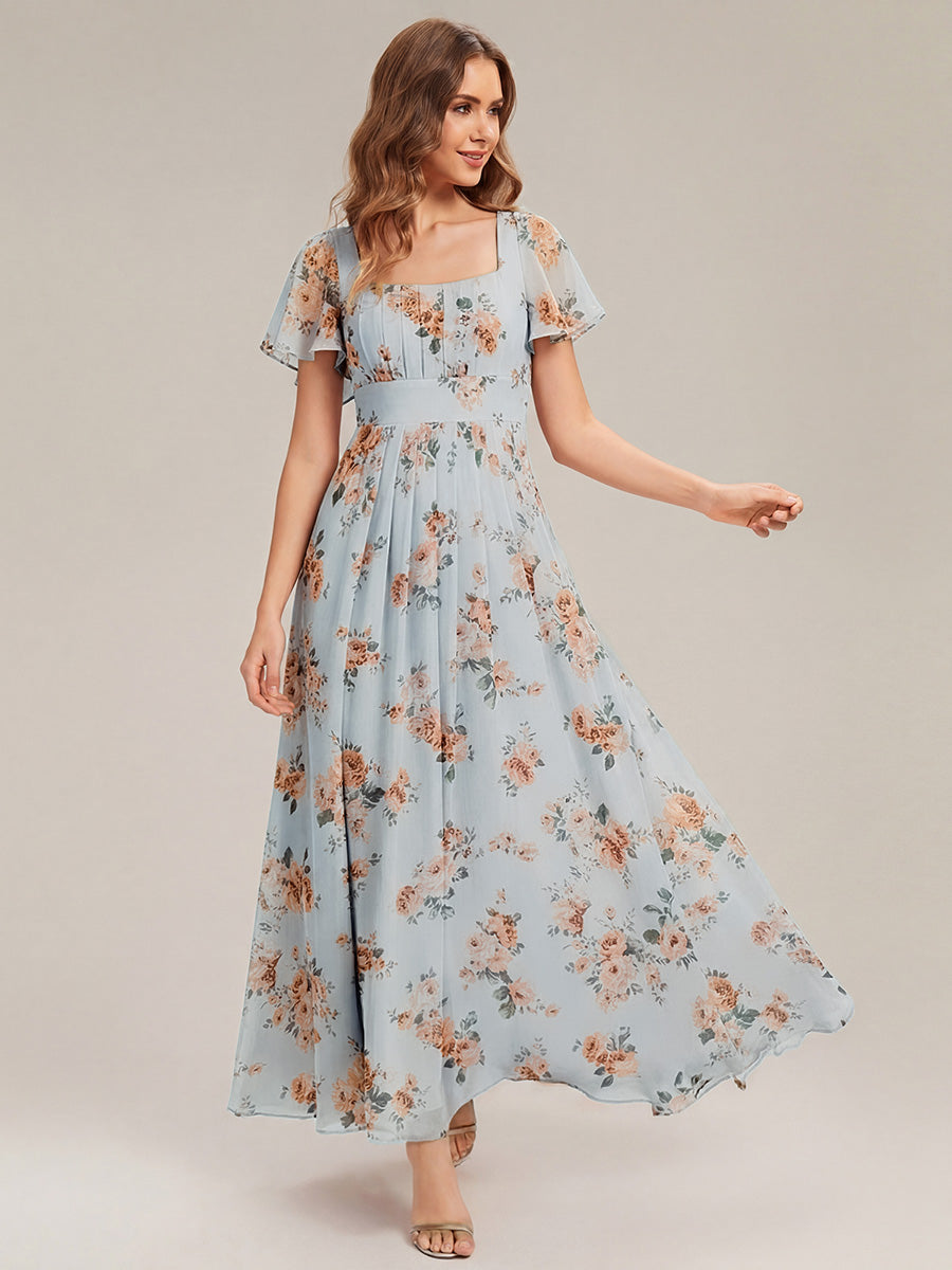 robe longue à manches courtes avec volants dos nu et fronces en forme de A #Couleur_Floraison Ambrée