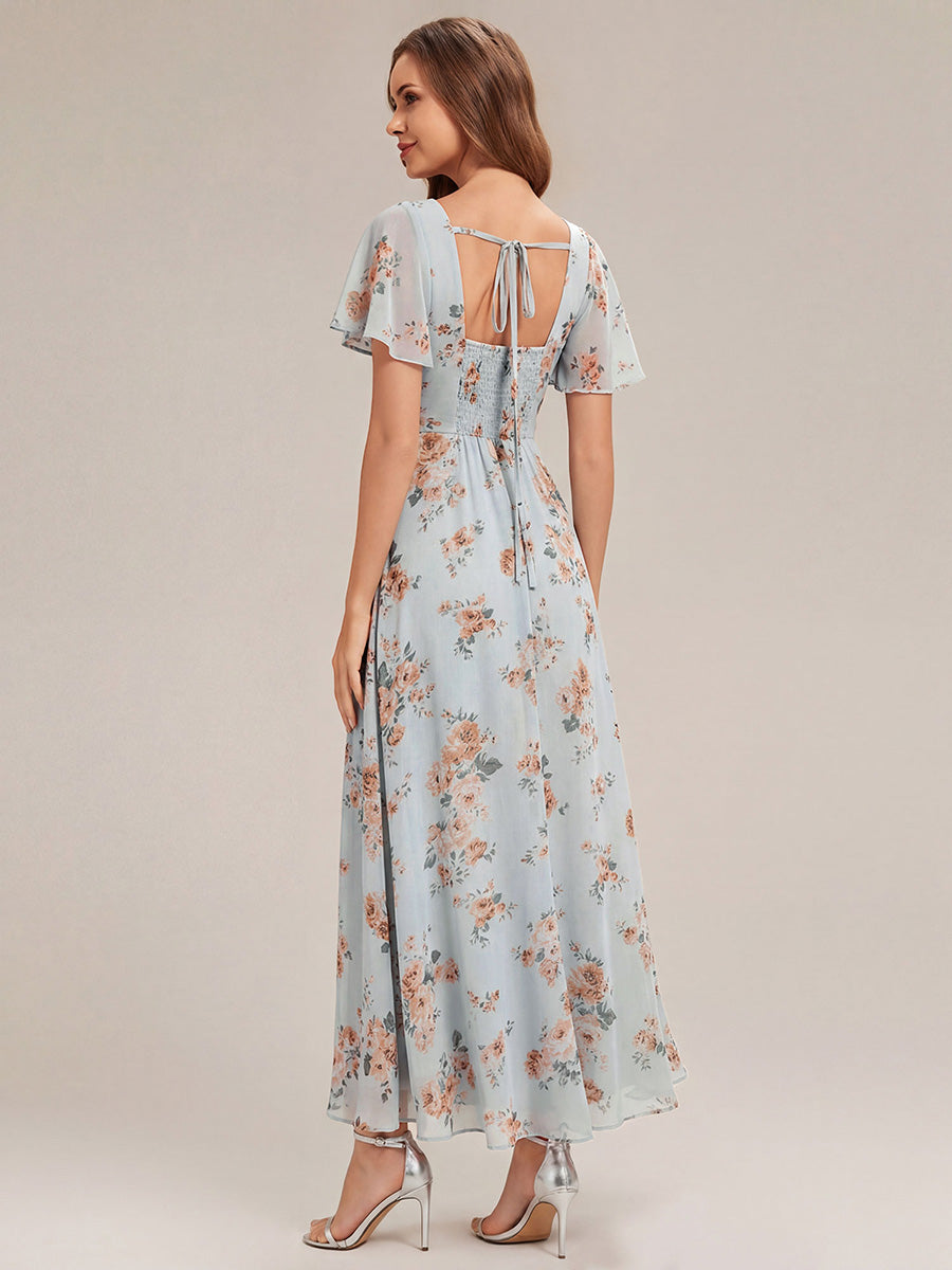 robe longue à manches courtes avec volants dos nu et fronces en forme de A #Couleur_Floraison Ambrée