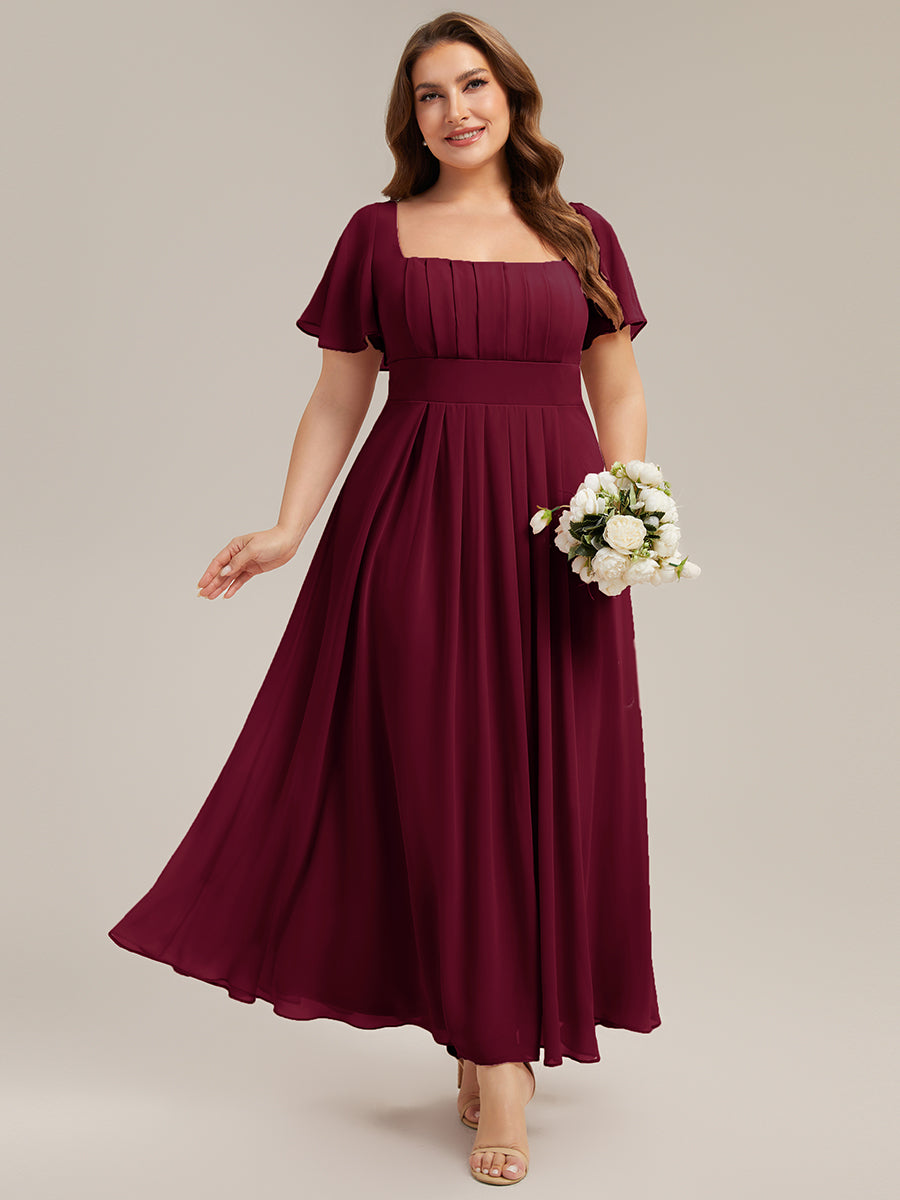 robe longue à manches courtes avec volants dos nu et fronces en forme de A #Couleur_Bordeaux