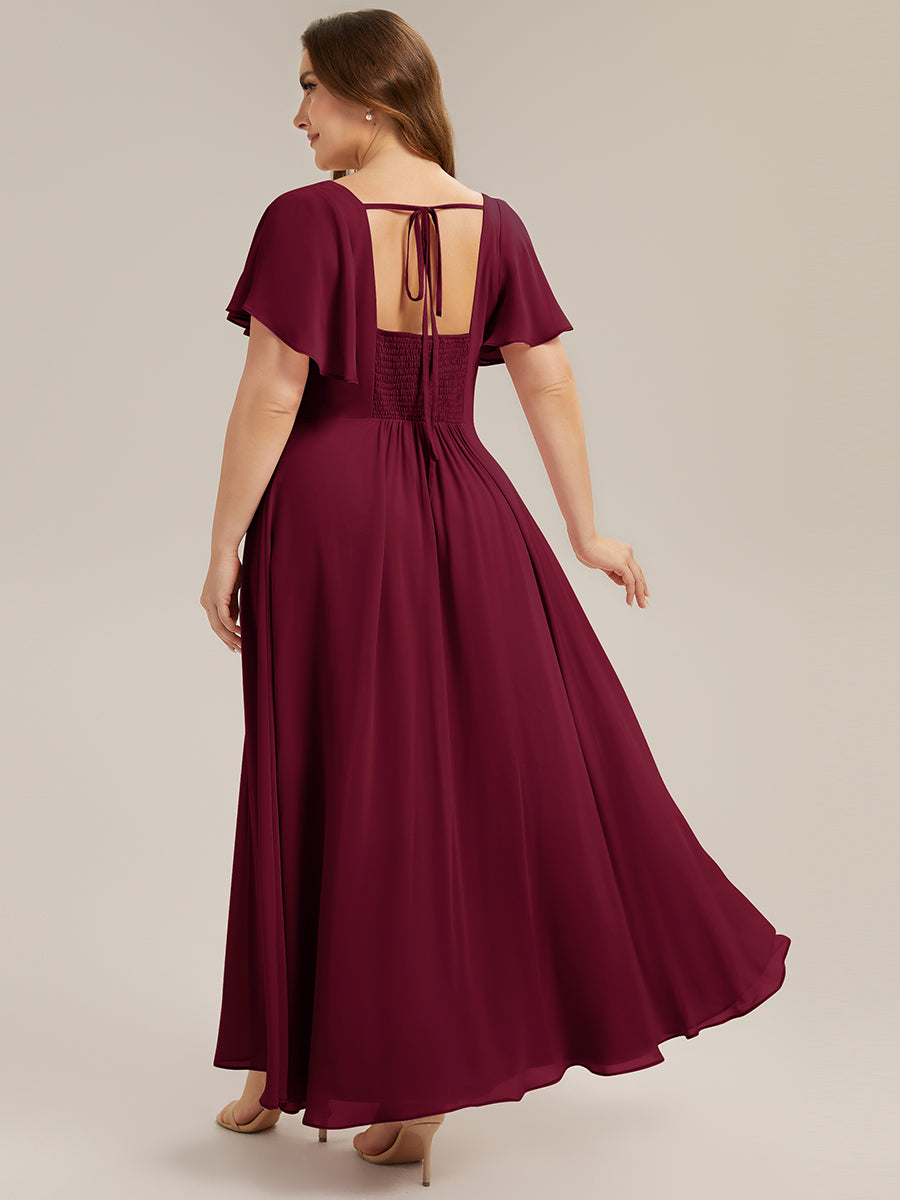 robe longue à manches courtes avec volants dos nu et fronces en forme de A #Couleur_Bordeaux