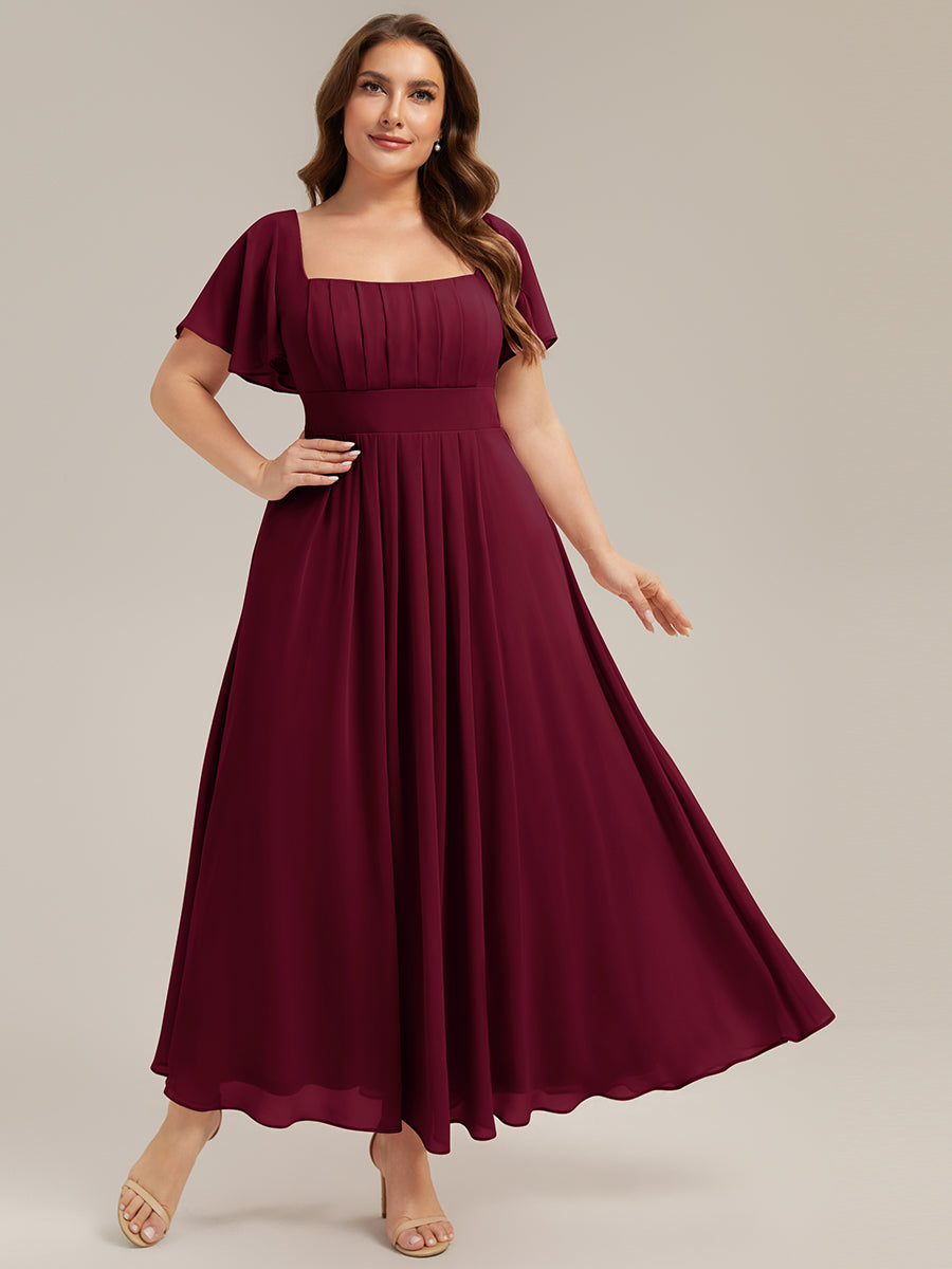 robe longue à manches courtes avec volants dos nu et fronces en forme de A #Couleur_Bordeaux