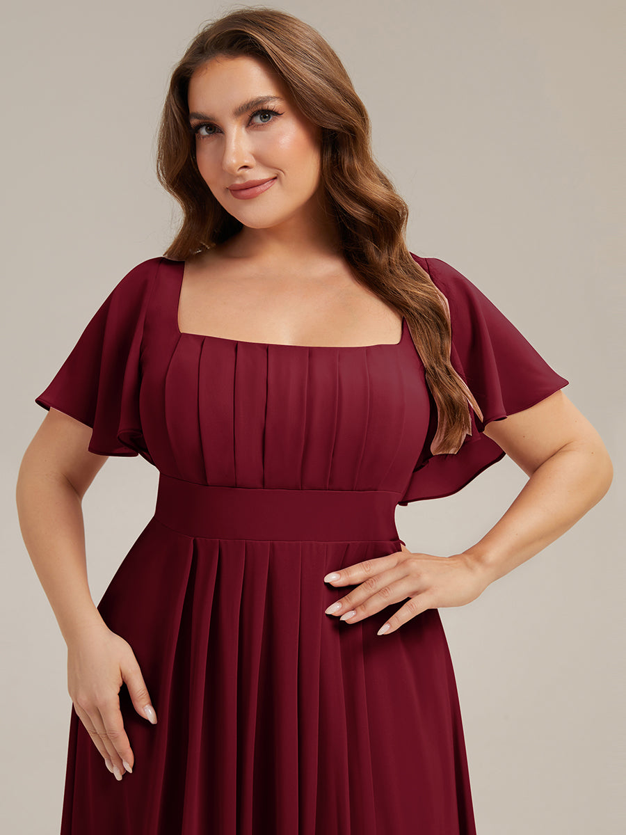 robe longue à manches courtes avec volants dos nu et fronces en forme de A #Couleur_Bordeaux