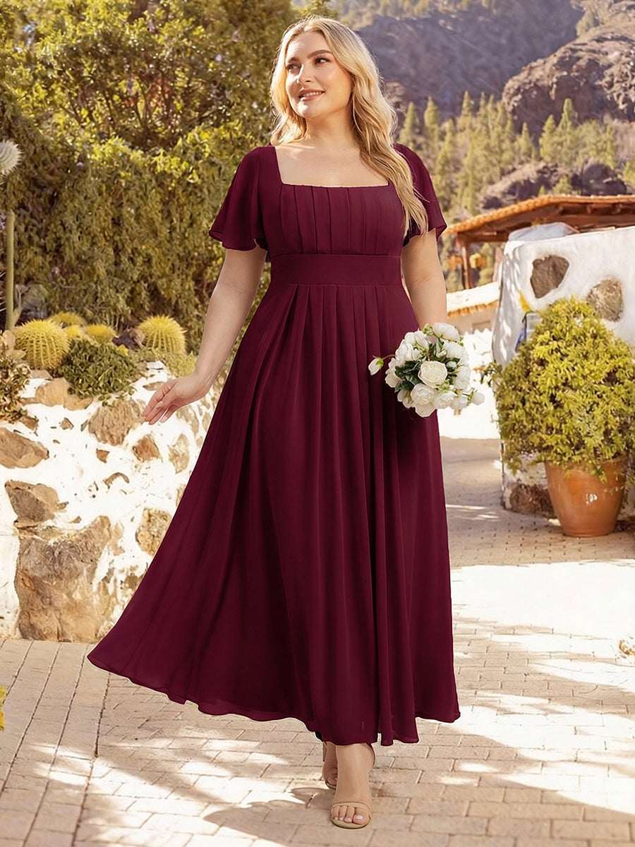 robe longue à manches courtes avec volants dos nu et fronces en forme de A #Couleur_Bordeaux