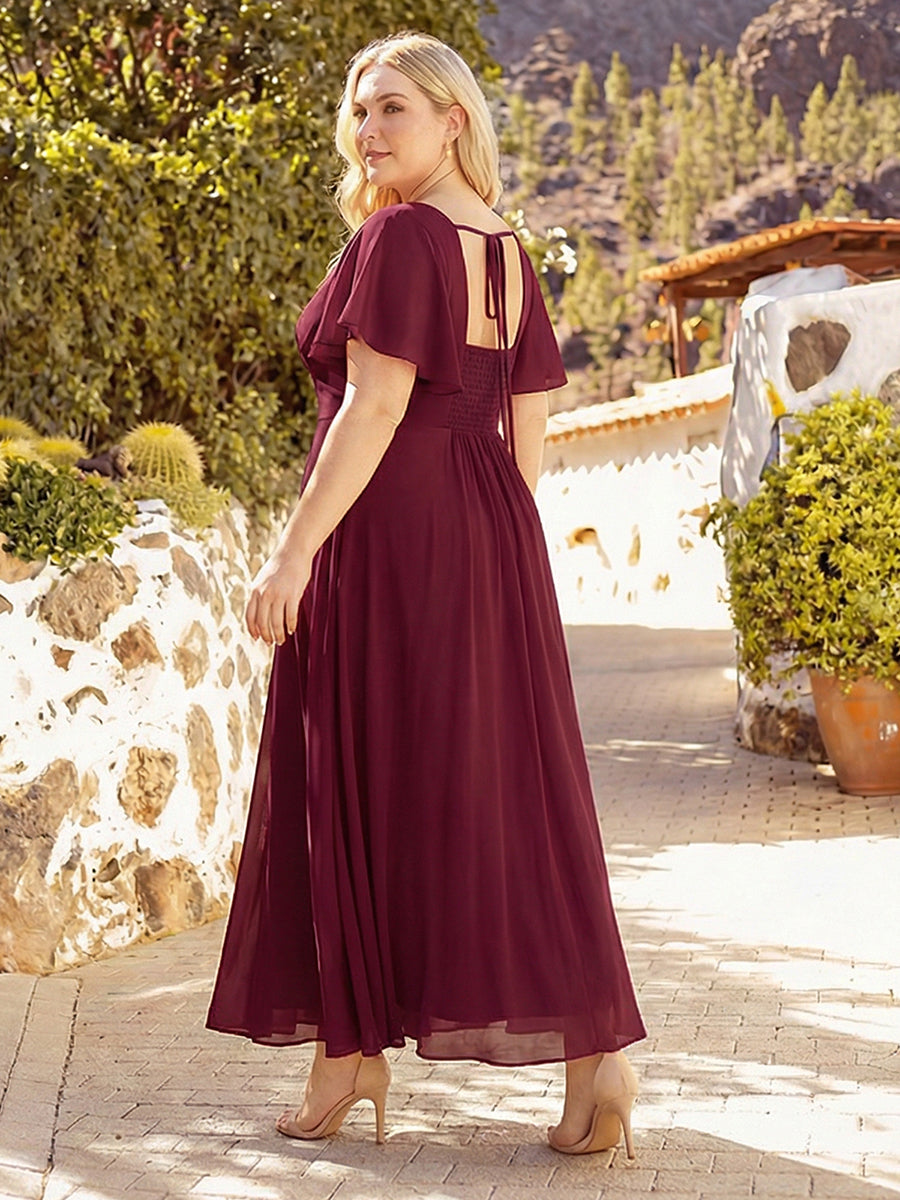 robe longue à manches courtes avec volants dos nu et fronces en forme de A #Couleur_Bordeaux