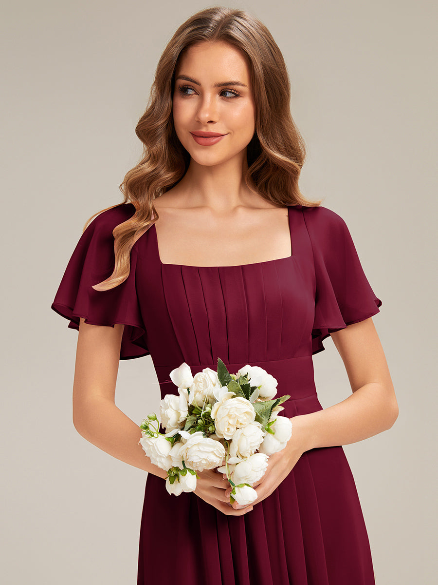 robe longue à manches courtes avec volants dos nu et fronces en forme de A #Couleur_Bordeaux