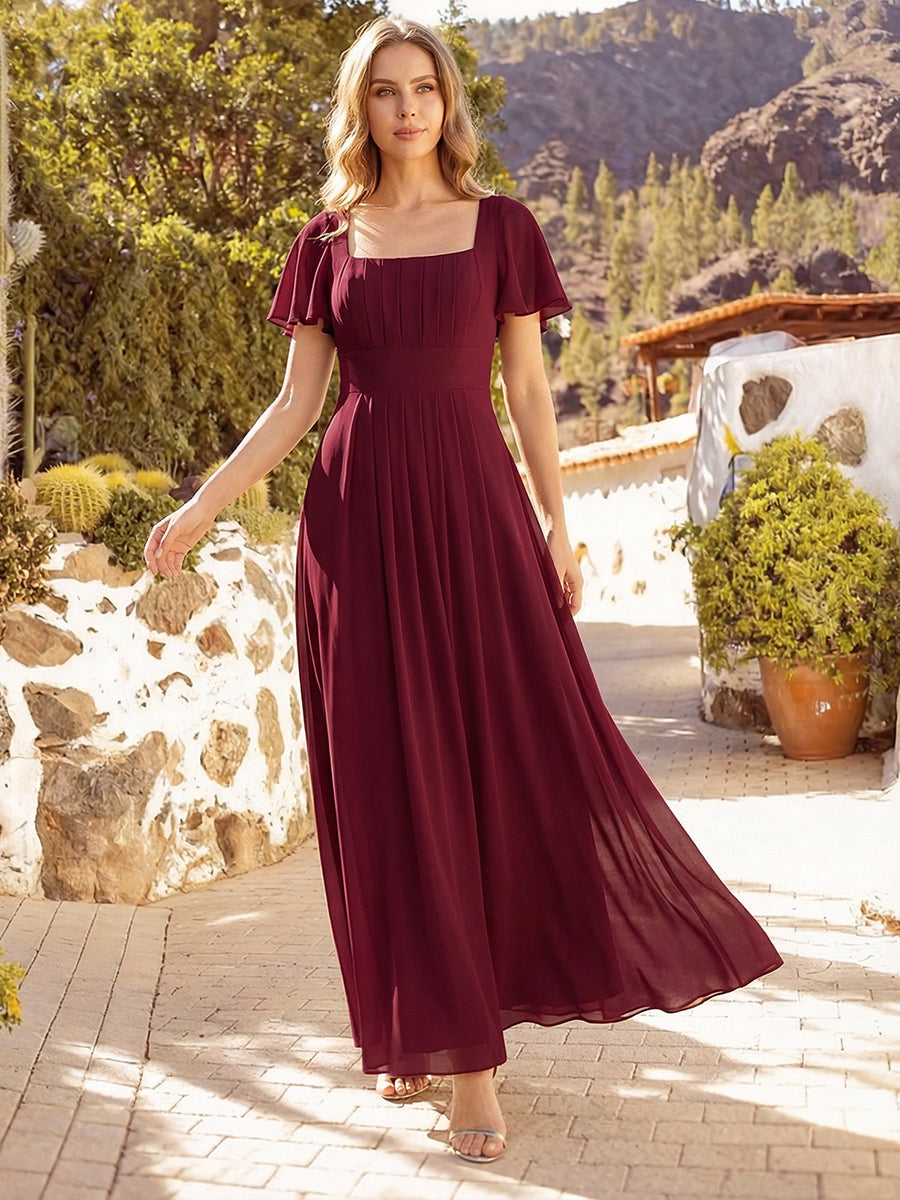 robe longue à manches courtes avec volants dos nu et fronces en forme de A #Couleur_Bordeaux