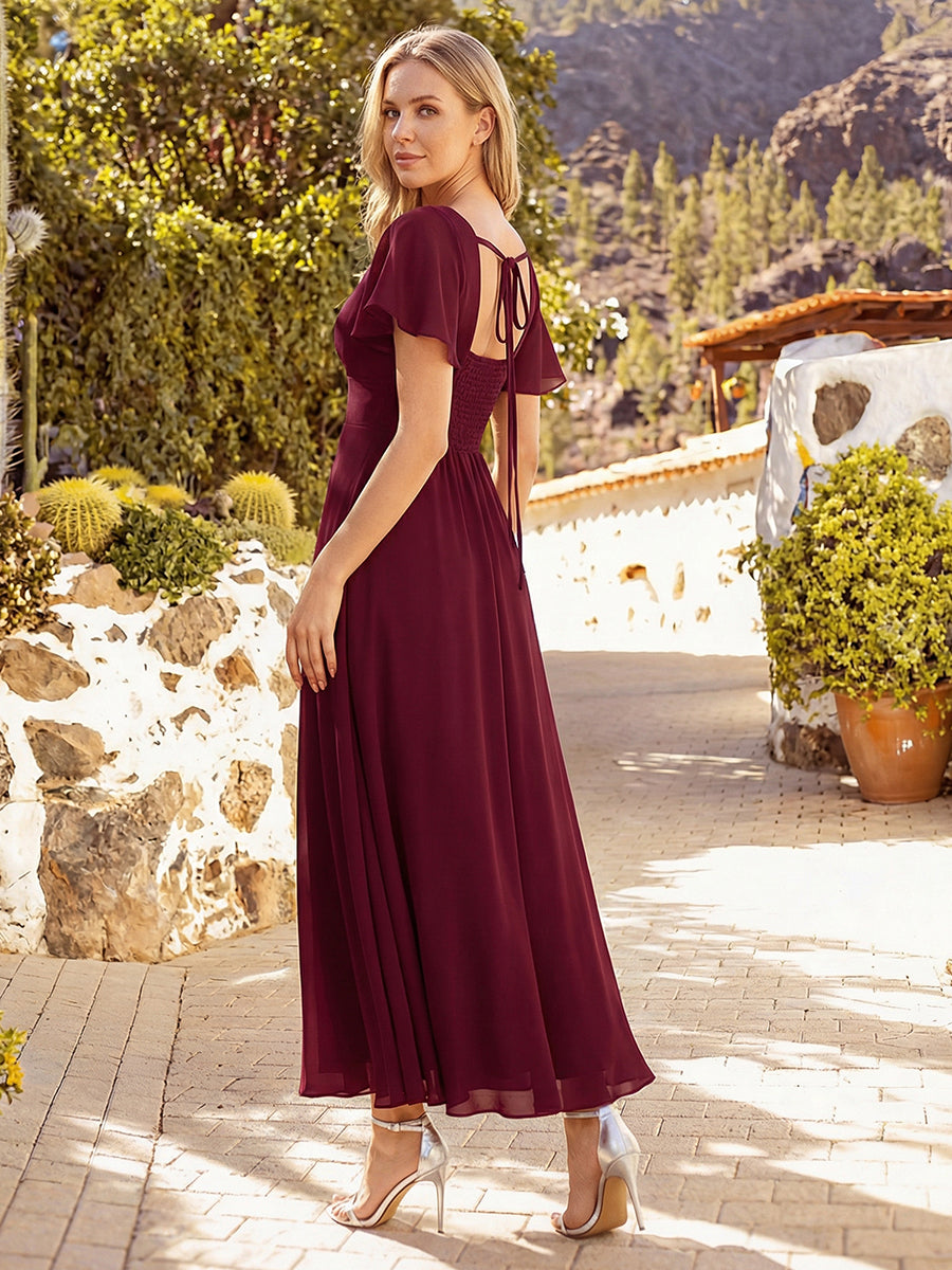 robe longue à manches courtes avec volants dos nu et fronces en forme de A #Couleur_Bordeaux