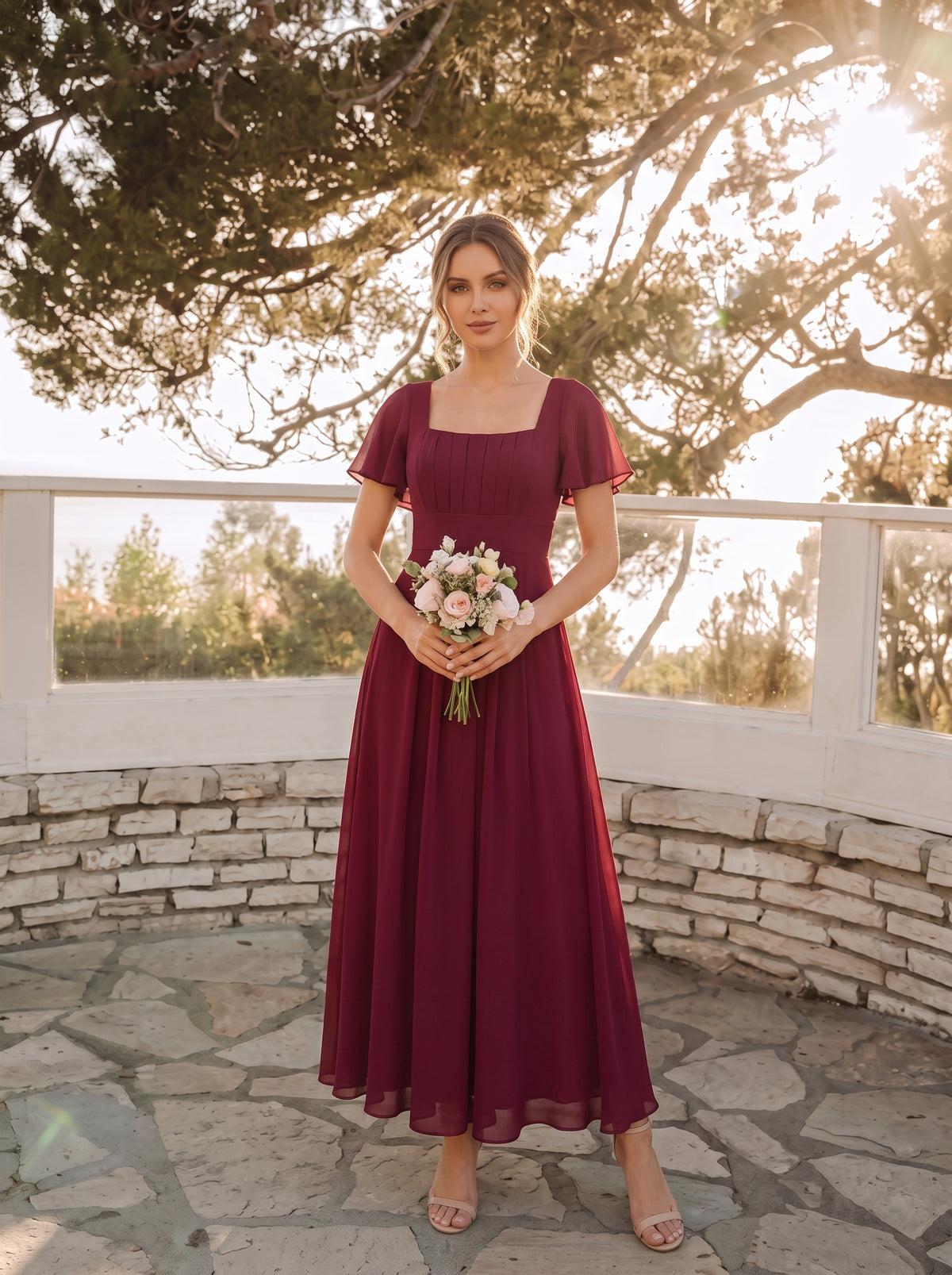 robe longue à manches courtes avec volants dos nu et fronces en forme de A #Couleur_Bordeaux