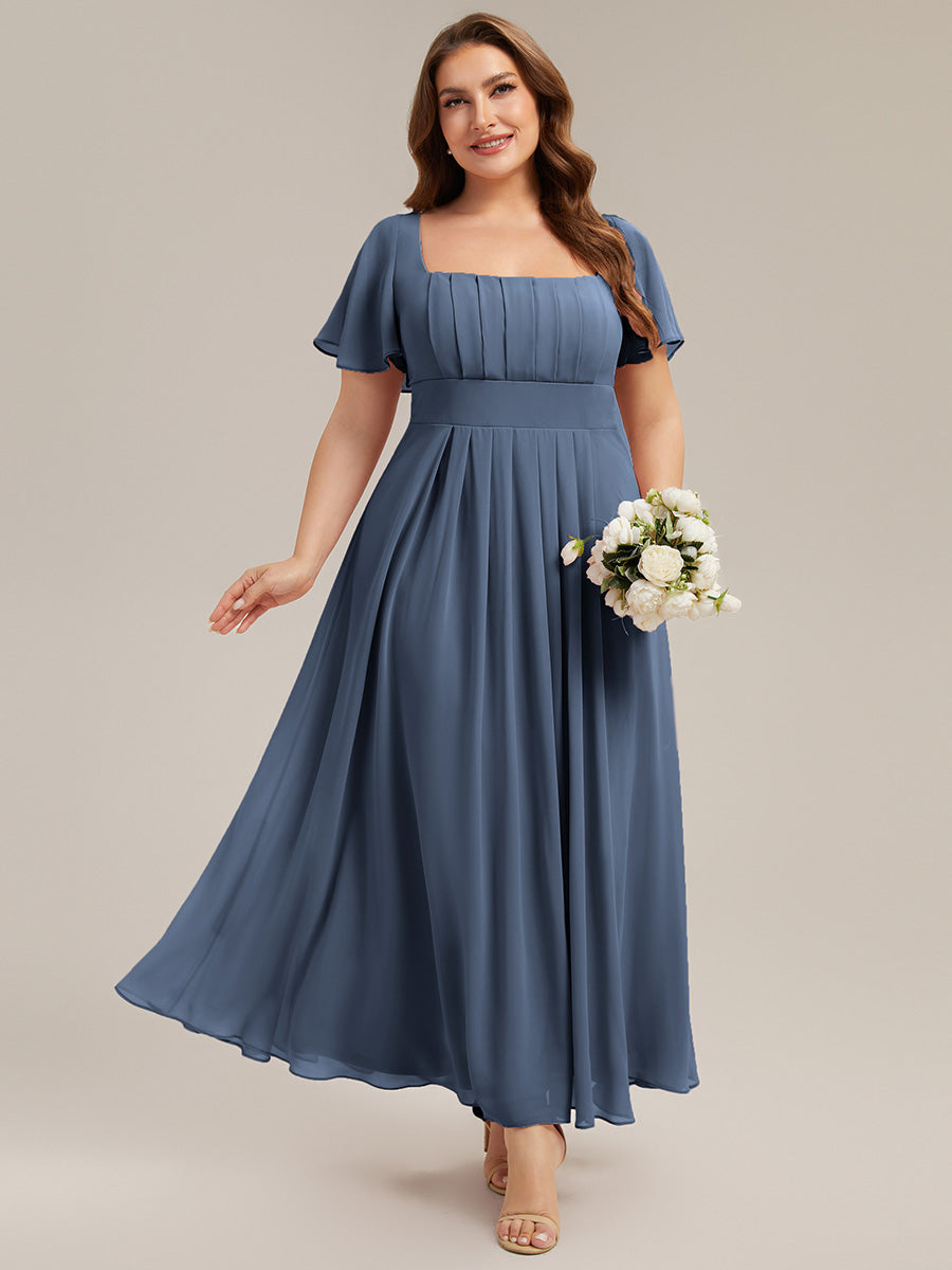 robe longue à manches courtes avec volants dos nu et fronces en forme de A #Couleur_Marine Fume