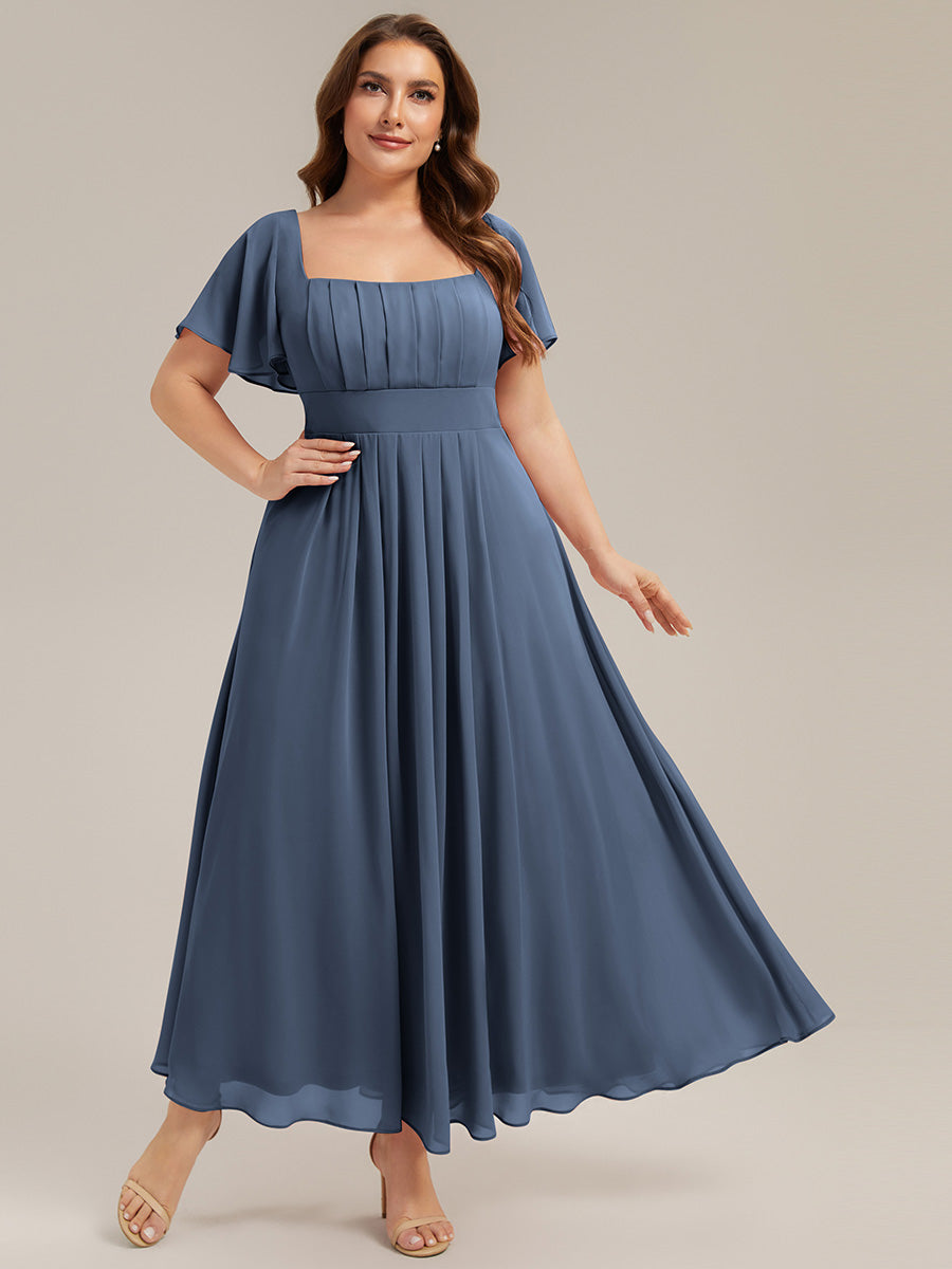 robe longue à manches courtes avec volants dos nu et fronces en forme de A #Couleur_Marine Fume
