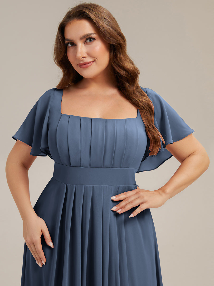 robe longue à manches courtes avec volants dos nu et fronces en forme de A #Couleur_Marine Fume