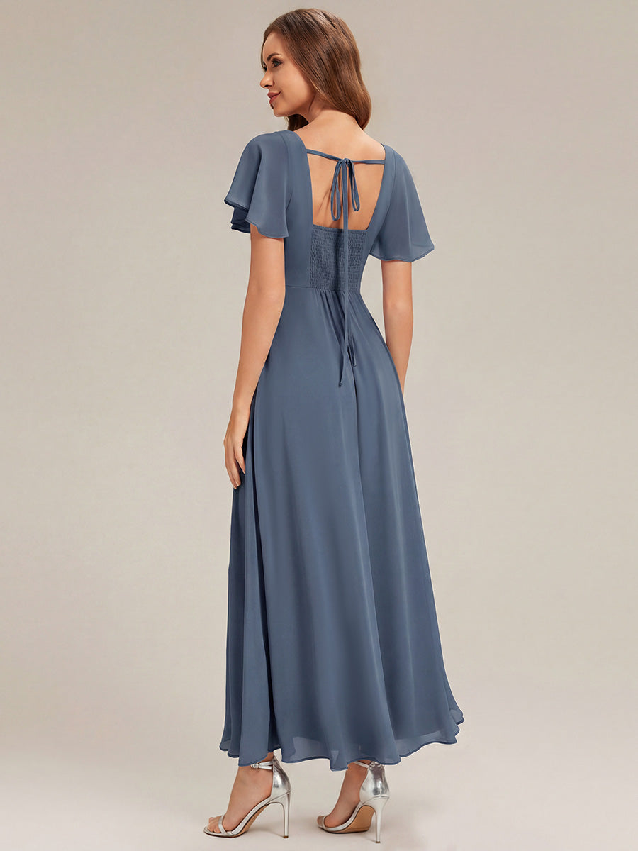 robe longue à manches courtes avec volants dos nu et fronces en forme de A #Couleur_Marine Fume