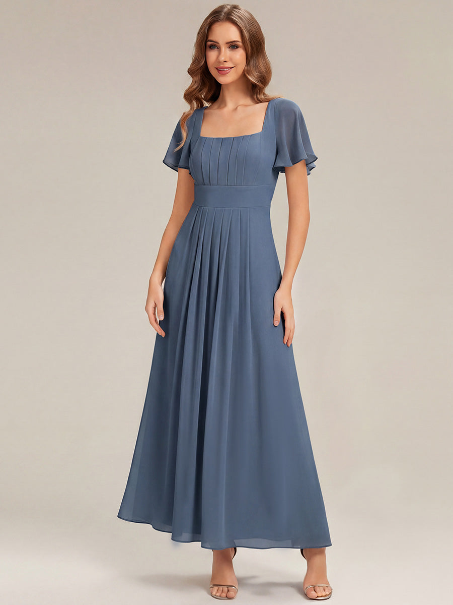 robe longue à manches courtes avec volants dos nu et fronces en forme de A #Couleur_Marine Fume