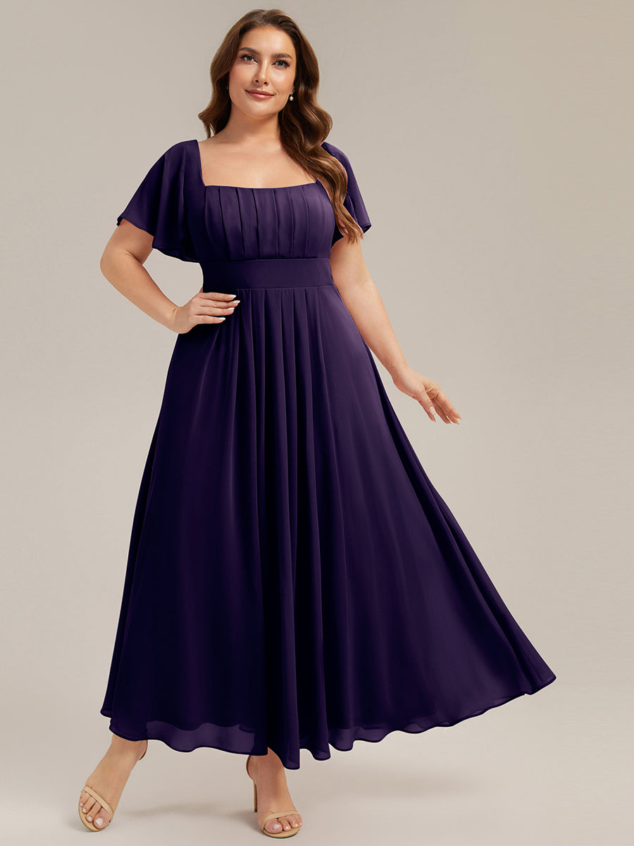 robe longue à manches courtes avec volants dos nu et fronces en forme de A #Couleur_Violet Fonce
