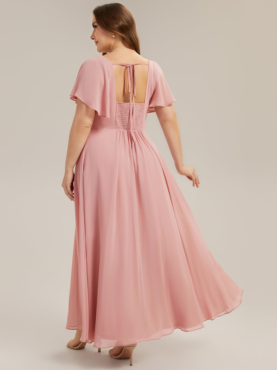 robe longue à manches courtes avec volants dos nu et fronces en forme de A #Couleur_Rose fumee