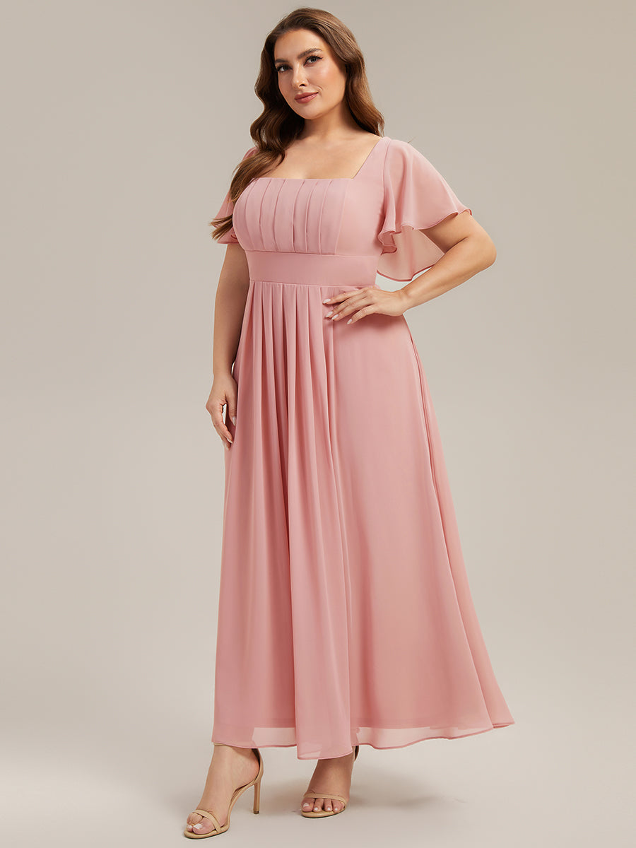 robe longue à manches courtes avec volants dos nu et fronces en forme de A #Couleur_Rose fumee