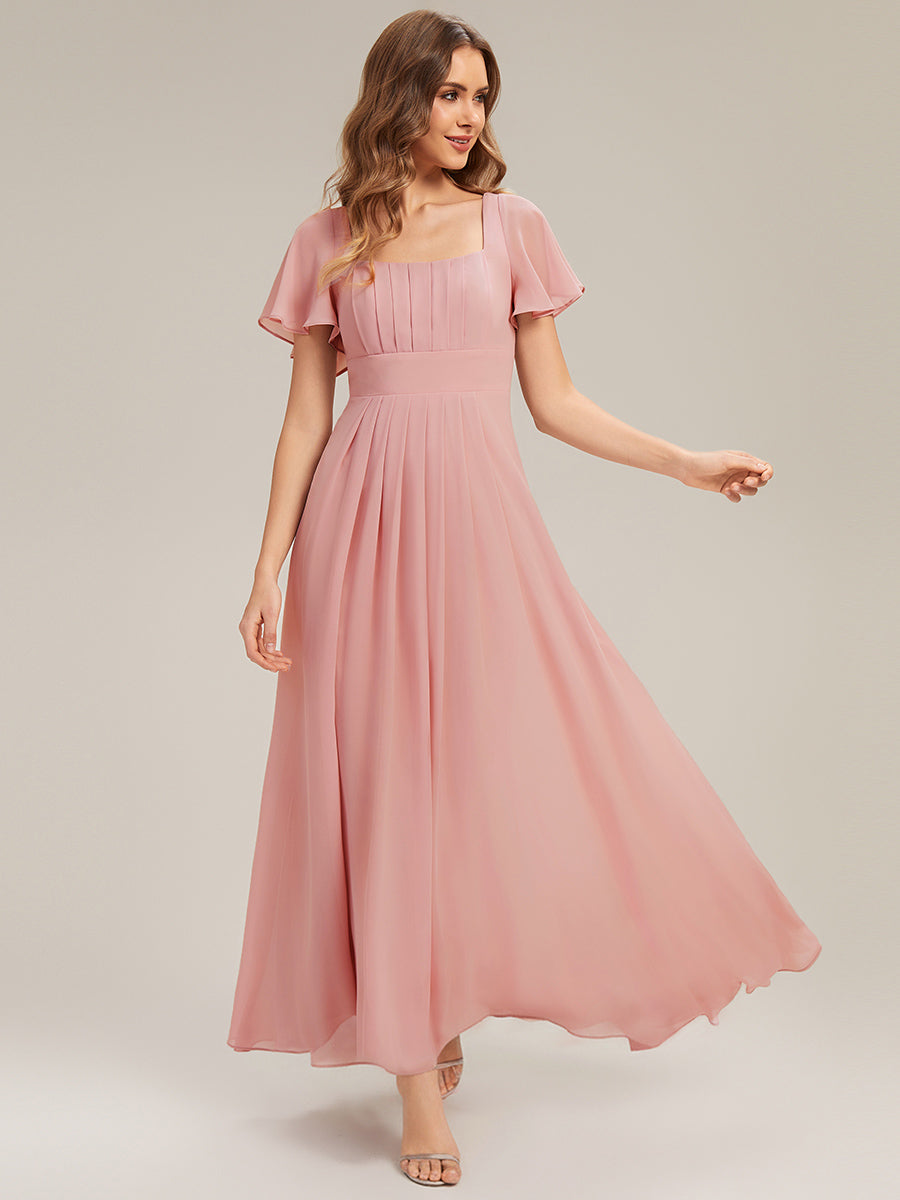 robe longue à manches courtes avec volants dos nu et fronces en forme de A #Couleur_Rose fumee