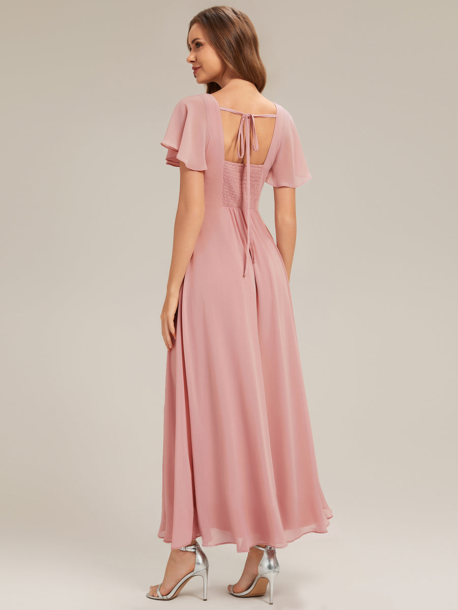 robe longue à manches courtes avec volants dos nu et fronces en forme de A #Couleur_Rose fumee