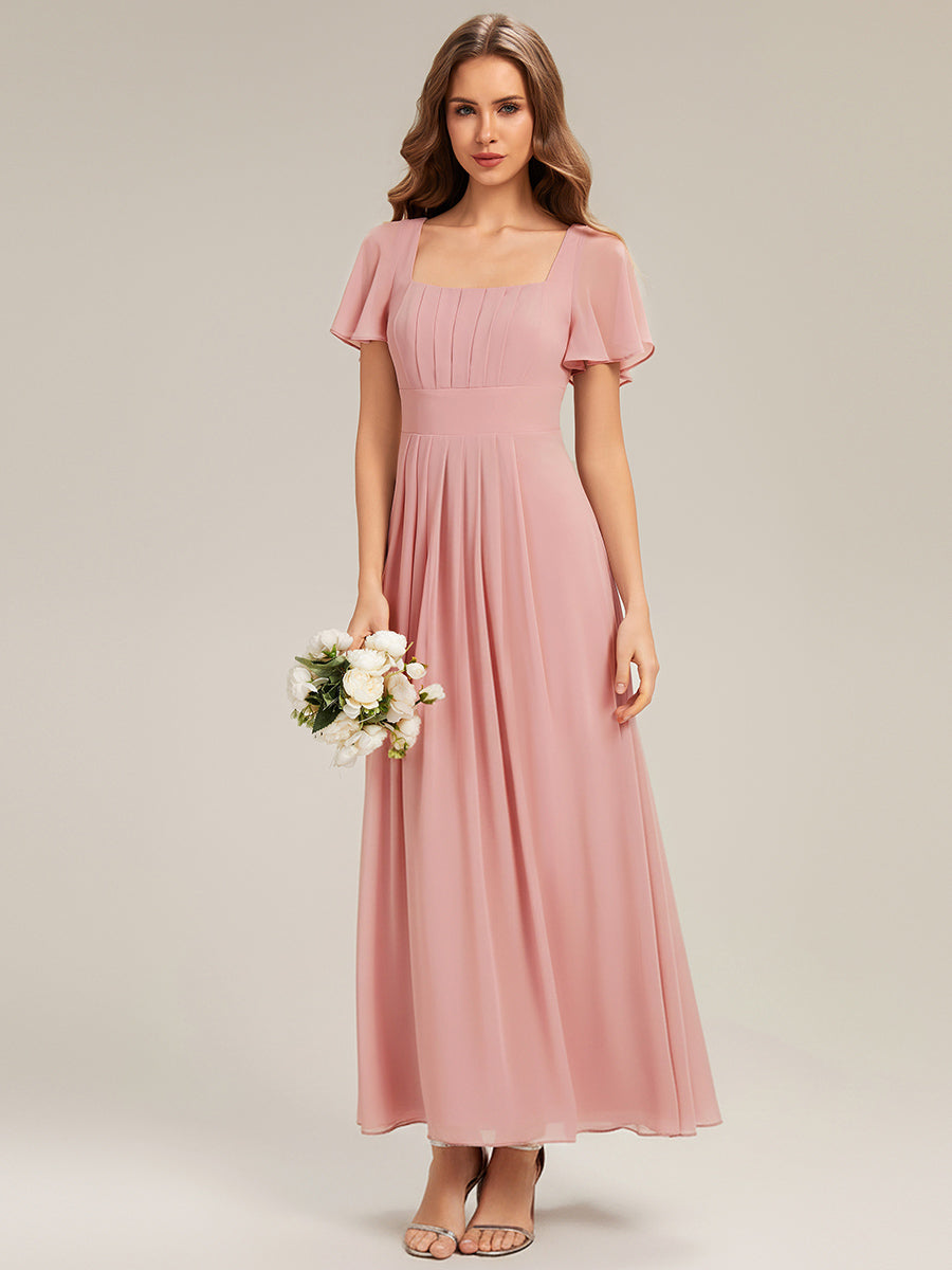 robe longue à manches courtes avec volants dos nu et fronces en forme de A #Couleur_Rose fumee