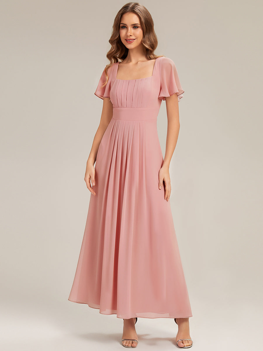 robe longue à manches courtes avec volants dos nu et fronces en forme de A #Couleur_Rose fumee
