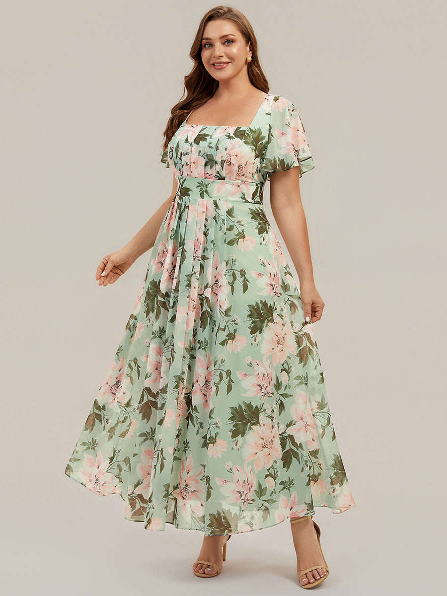robe longue à manches courtes avec volants dos nu et fronces en forme de A #Couleur_Vert clair à fleurs