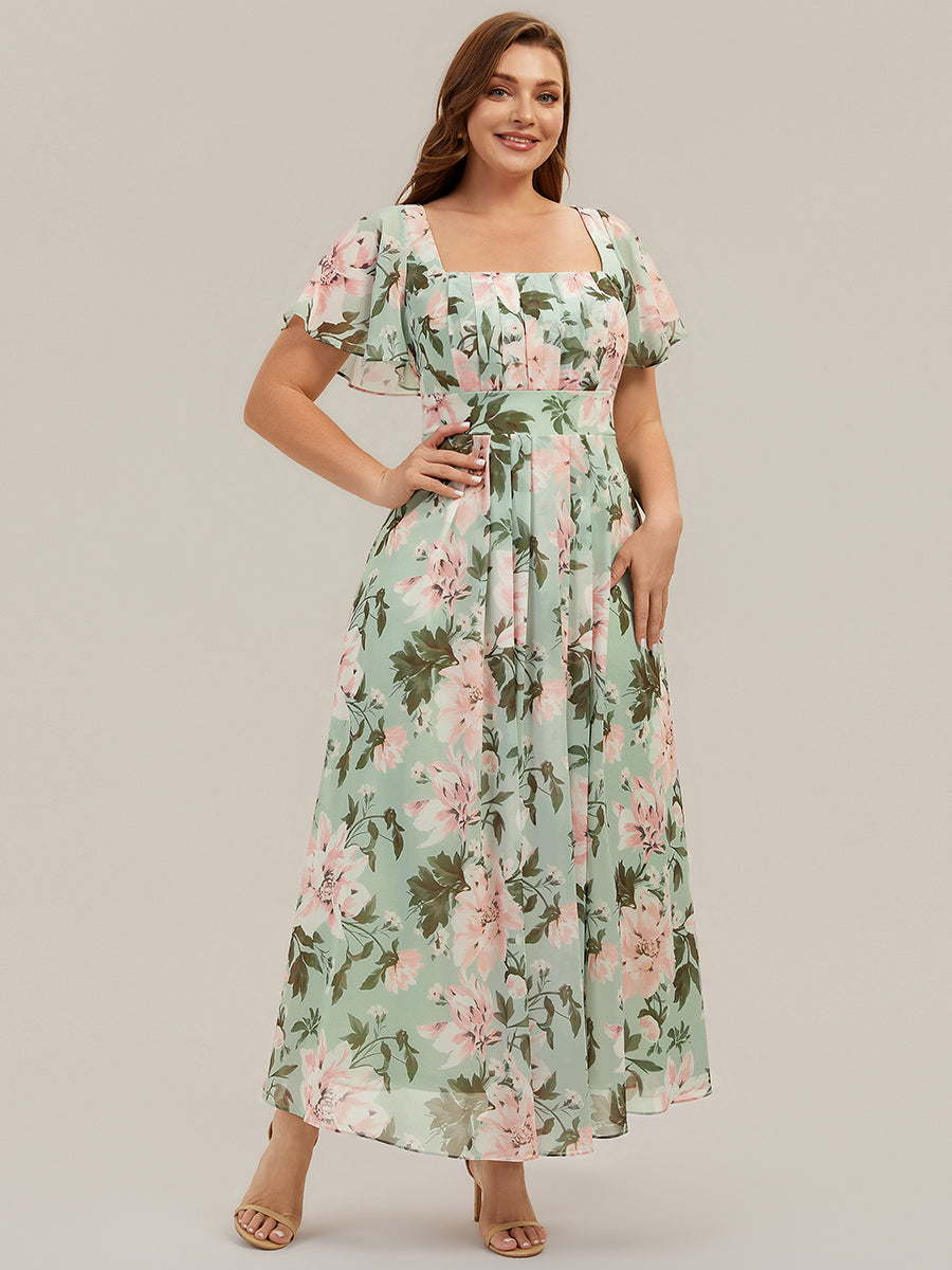 robe longue à manches courtes avec volants dos nu et fronces en forme de A #Couleur_Vert clair à fleurs