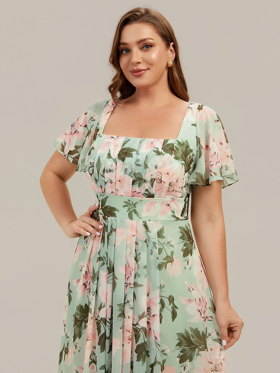 robe longue à manches courtes avec volants dos nu et fronces en forme de A #Couleur_Vert clair à fleurs