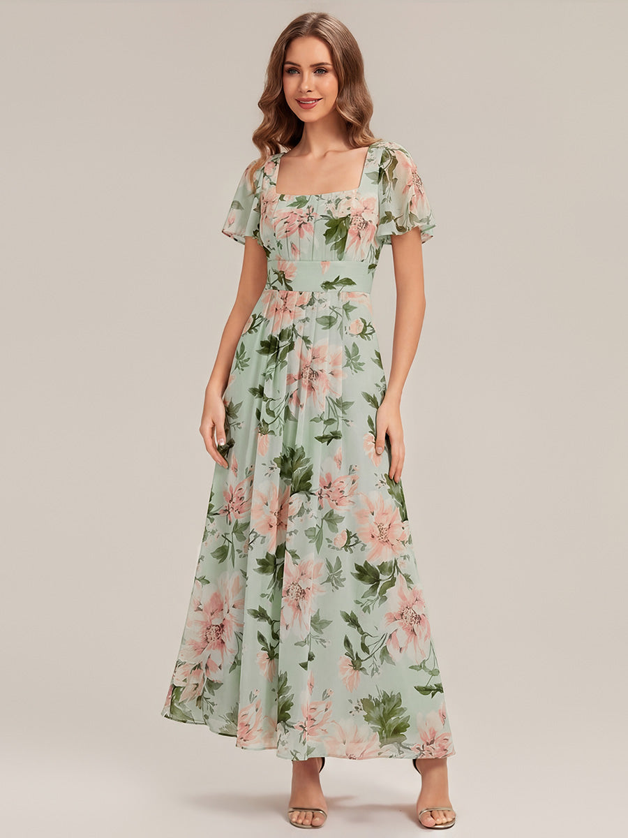 robe longue à manches courtes avec volants dos nu et fronces en forme de A #Couleur_Vert clair à fleurs