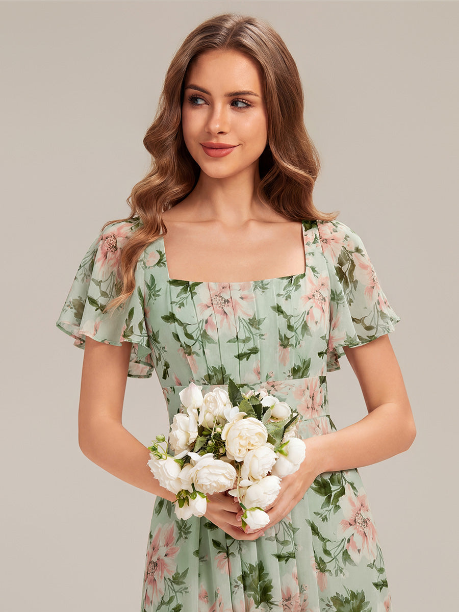 robe longue à manches courtes avec volants dos nu et fronces en forme de A #Couleur_Vert clair à fleurs