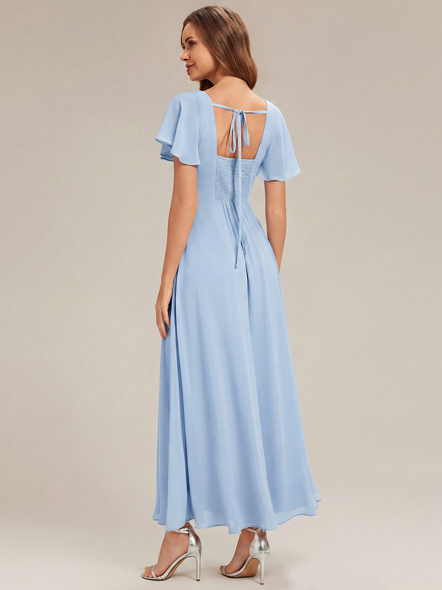 robe longue à manches courtes avec volants dos nu et fronces en forme de A #Couleur_Bleu Glace