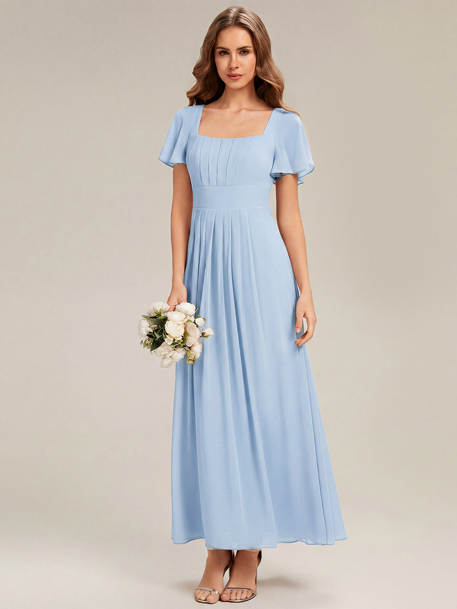 robe longue à manches courtes avec volants dos nu et fronces en forme de A #Couleur_Bleu Glace